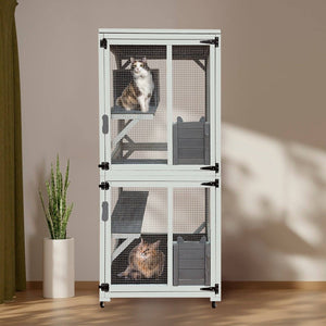 71in Outdoor Wooden Catio with Roof and Wheels for Cats