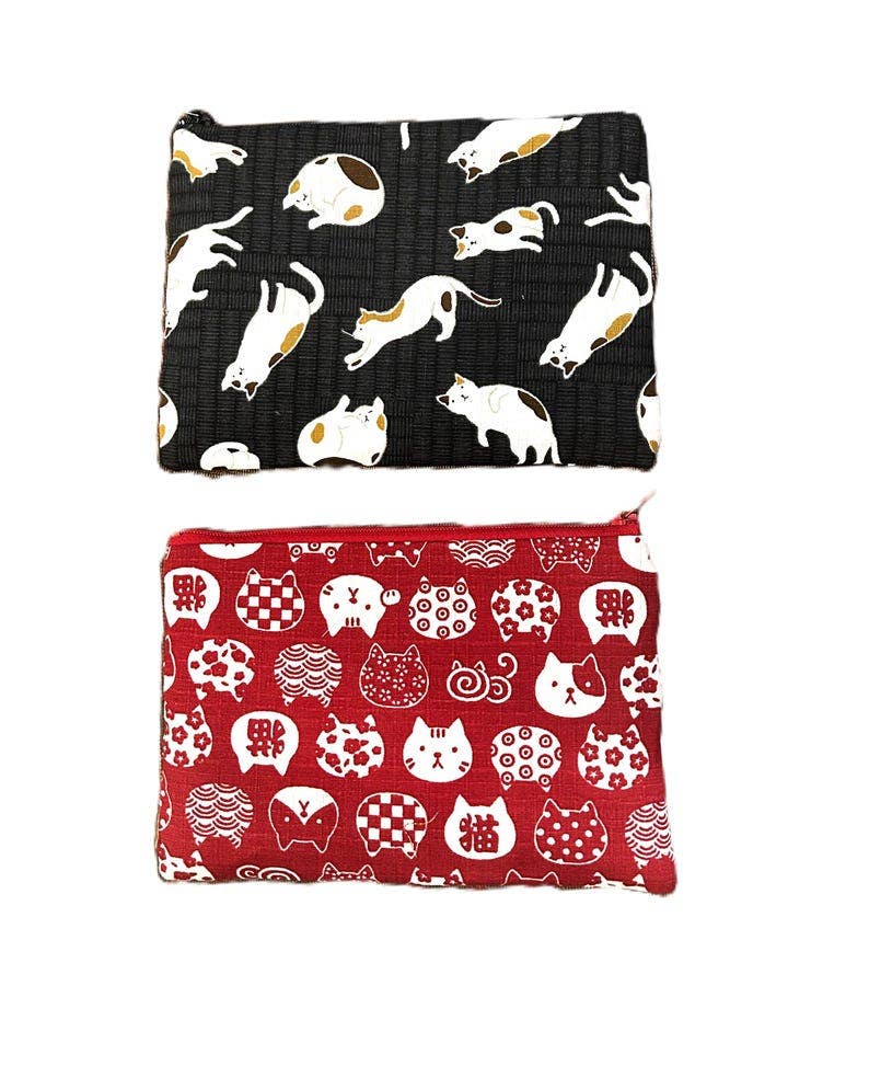 Black or Red Cat Zipper Pouch - Pencil Case, Make Up Bag, Cosmetic case