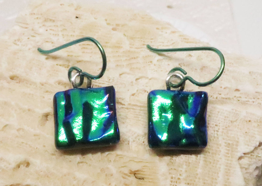 Emerald Green  Niobium Fused Dichroic Glass Earrings #444