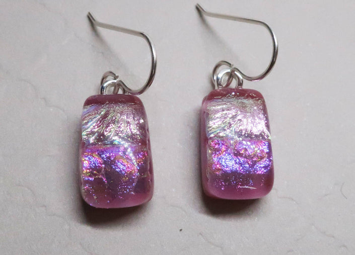 Bright Pink dichroic glass sterling silver earrings #416