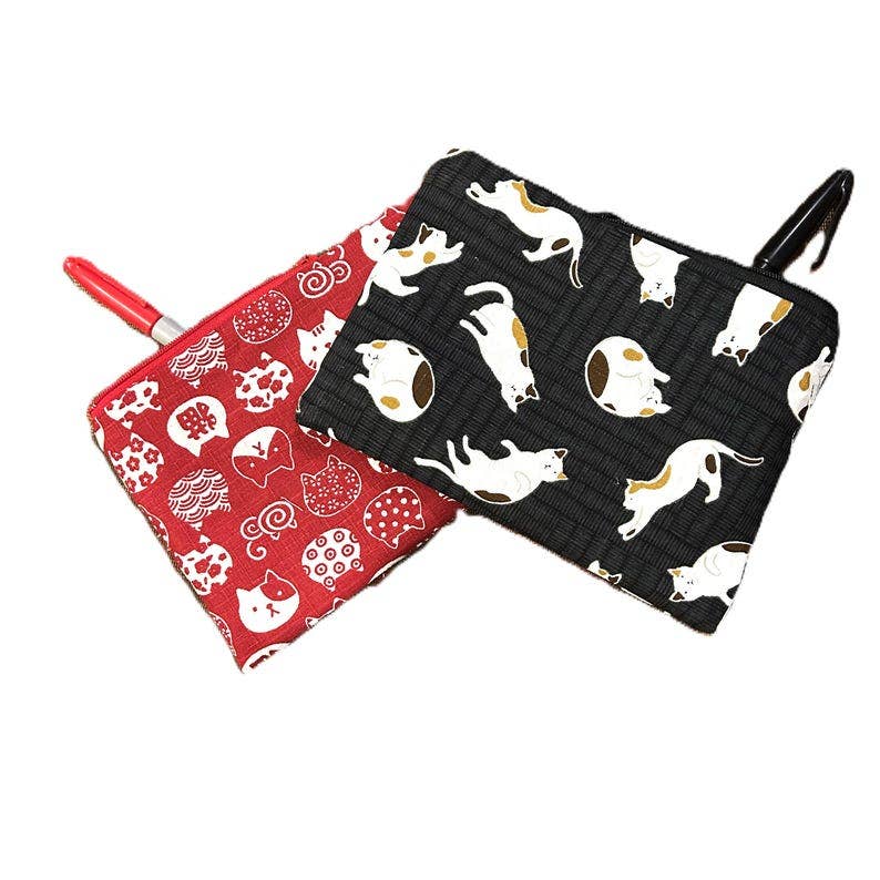 Black or Red Cat Zipper Pouch - Pencil Case, Make Up Bag, Cosmetic case