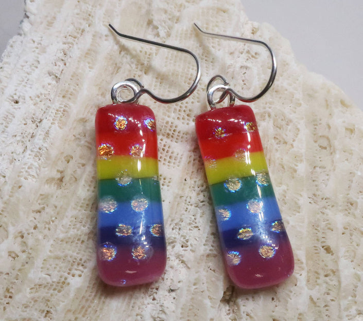 Rainbow Pride Gold Dot sterling dichroic glass earrings #451