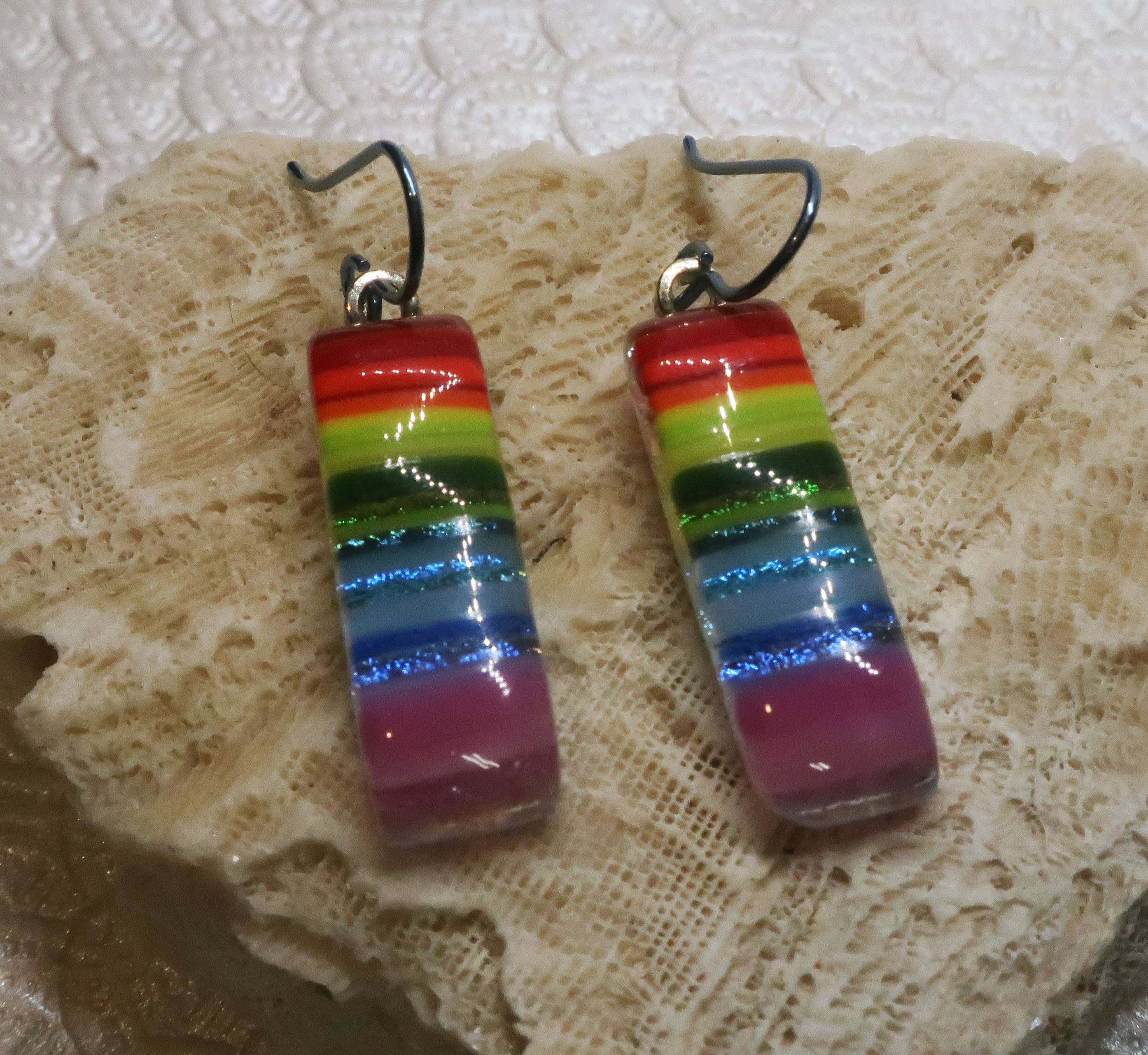 Rainbow Pride Stringer Niobium dichroic glass earrings #445