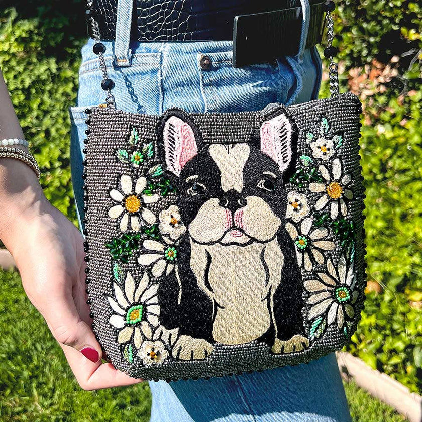 Pardon My Frenchie Beaded Embroidered Dog Crossbody Handbag