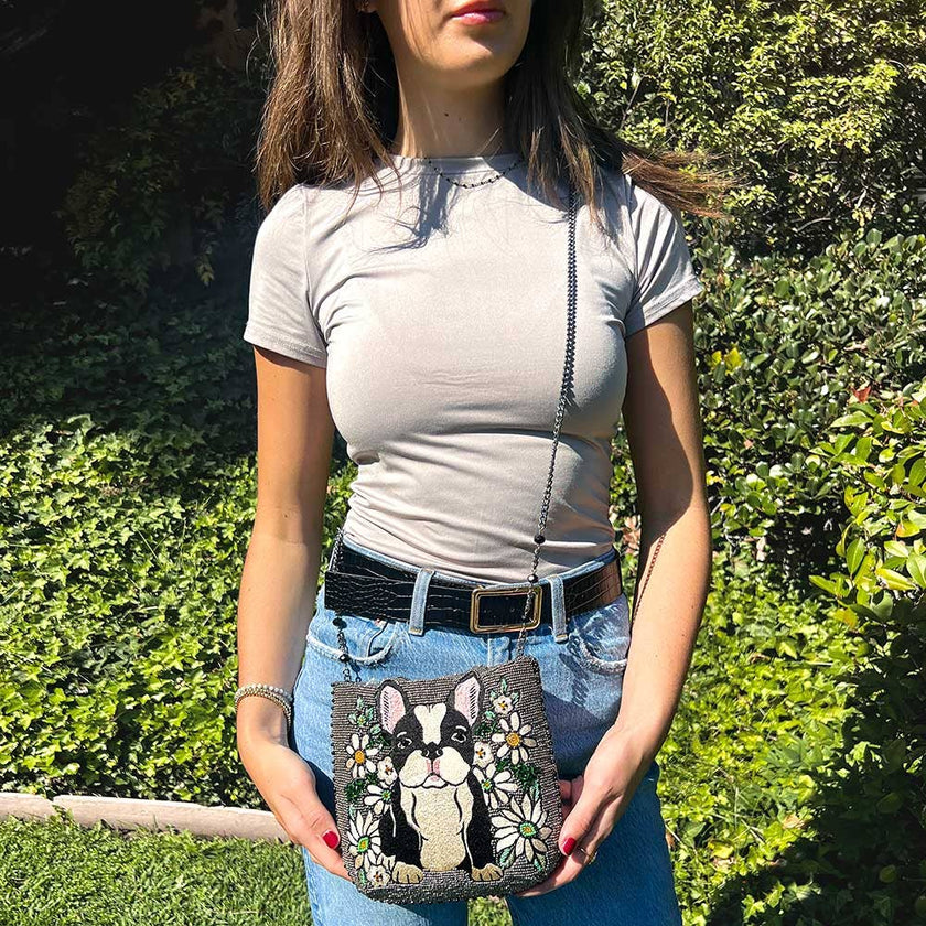 Pardon My Frenchie Beaded Embroidered Dog Crossbody Handbag