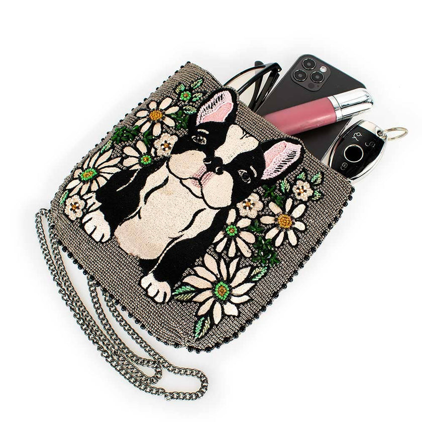 Pardon My Frenchie Beaded Embroidered Dog Crossbody Handbag