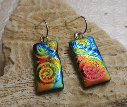 Sterling Silver Light texture spiral dichroic glass earrings