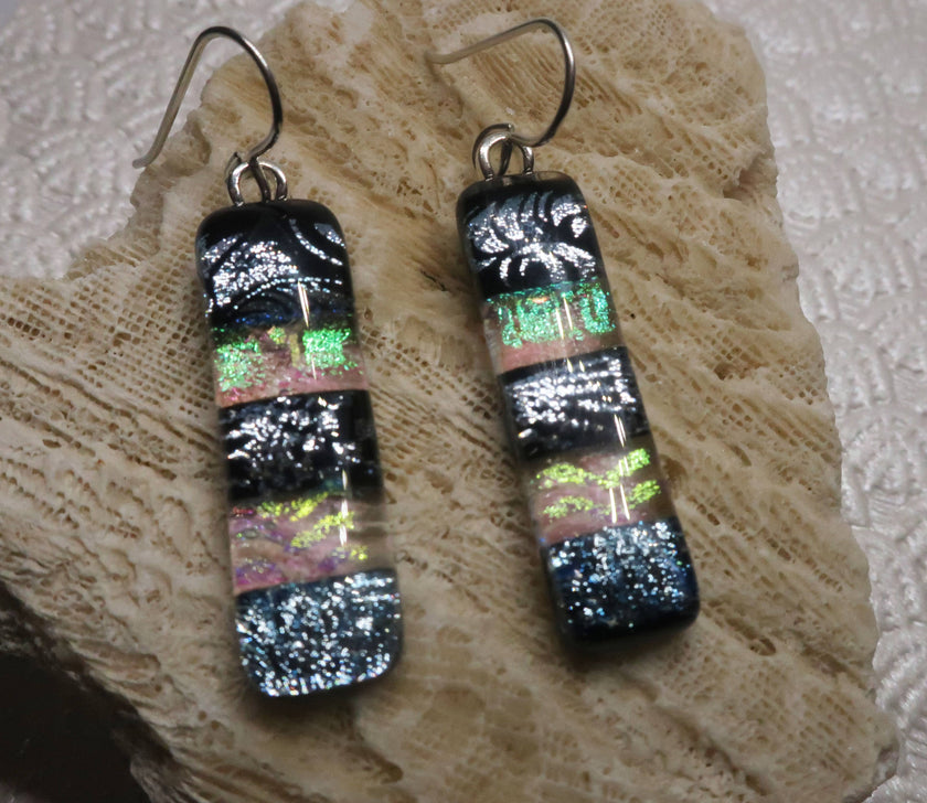 Black & Clear Sterling Silver dichroic glass earrings #442