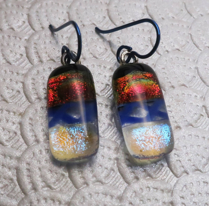 Modern Red Silver Blue Niobium dichroic glass earrings #443