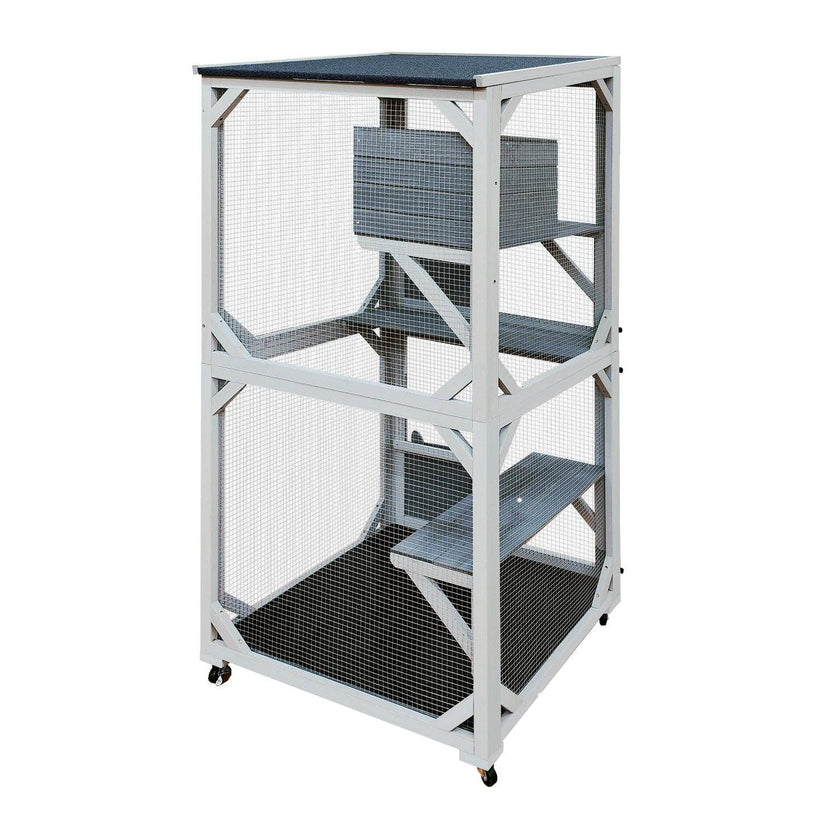 71in Outdoor Wooden Catio with Roof and Wheels for Cats