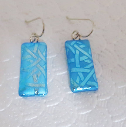 Sterling Silver Aqua Texture Dichroic Glass Earrings  #409