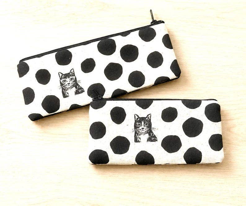 Cat Pouches, Polka Dot Pouches, Zipper Pouch, Cosmetic Bag, Make-Up Bag, Pencil Case, Coin Purse
