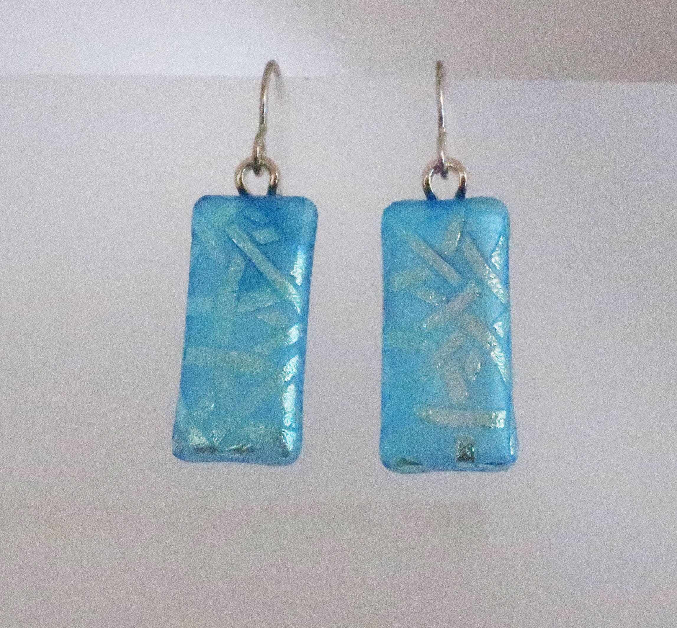 Sterling Silver Aqua Texture Dichroic Glass Earrings  #409