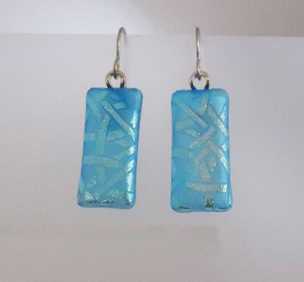 Sterling Silver Aqua Texture Dichroic Glass Earrings  #409