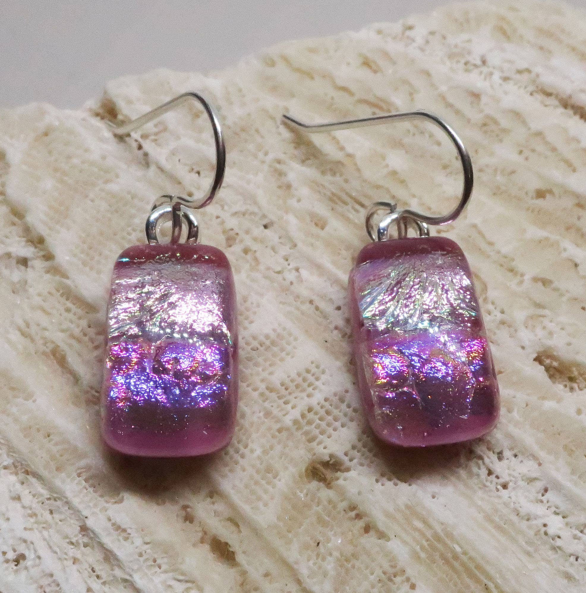 Bright Pink dichroic glass sterling silver earrings #416