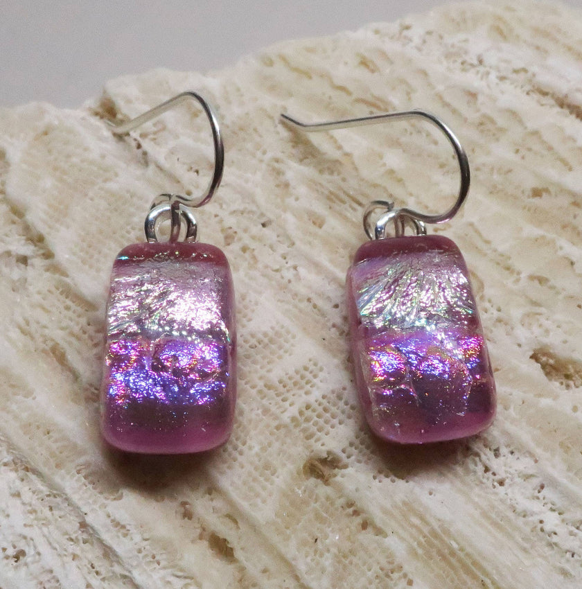 Bright Pink dichroic glass sterling silver earrings #416