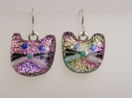 Pink Gold Fused Dichroic Glass Cat Dangle Sterling Silver