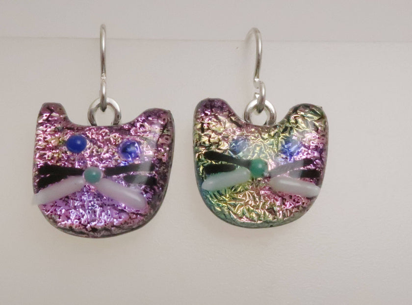 Pink Gold Fused Dichroic Glass Cat Dangle Sterling Silver