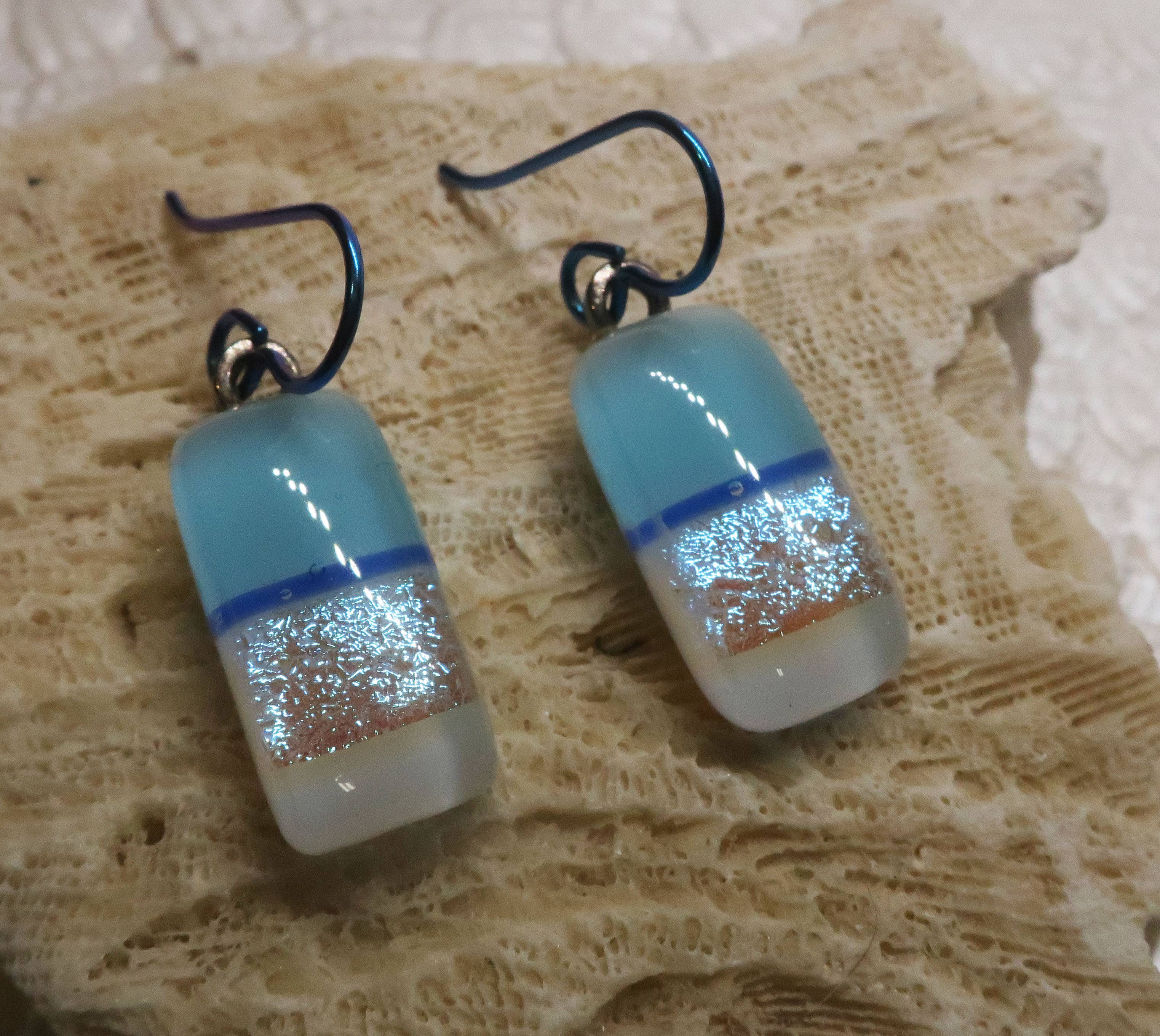 White Aqua Niobium dichroic glass earrings #401