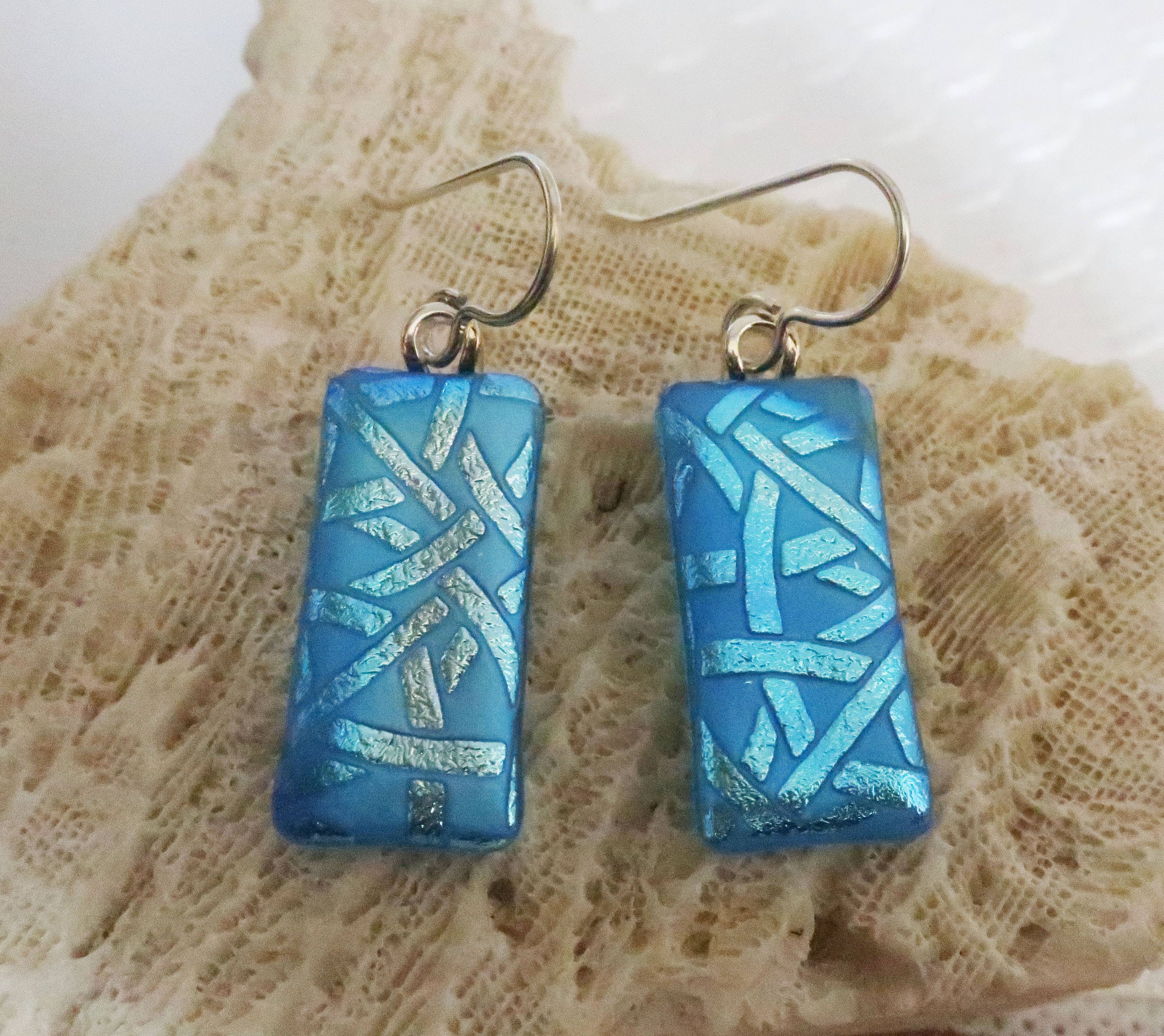 Sterling Silver Aqua Texture Dichroic Glass Earrings  #409