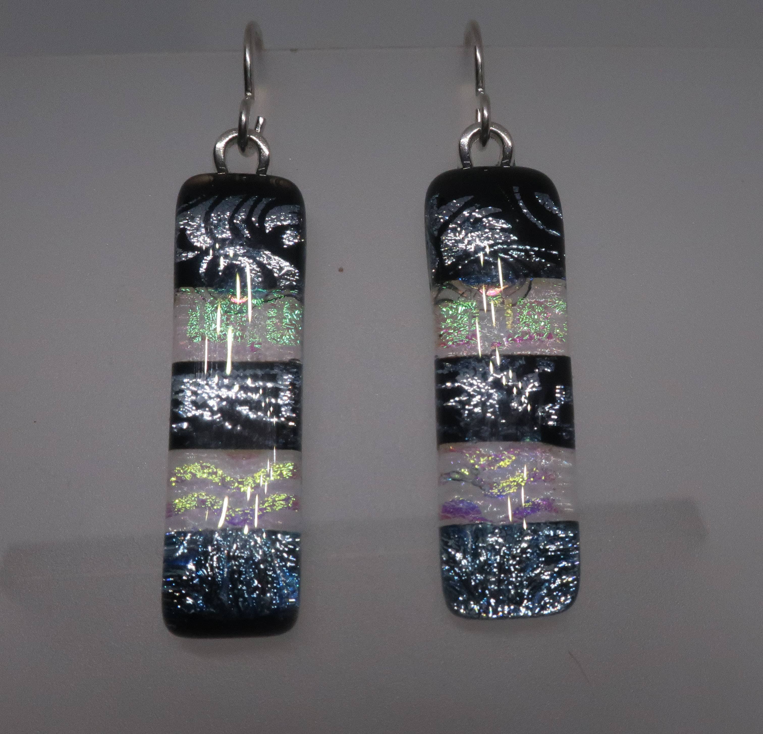 Black & Clear Sterling Silver dichroic glass earrings #442