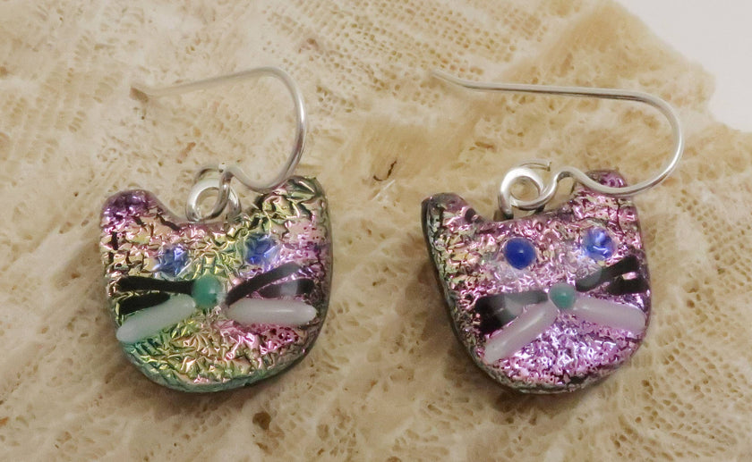 Pink Gold Fused Dichroic Glass Cat Dangle Sterling Silver
