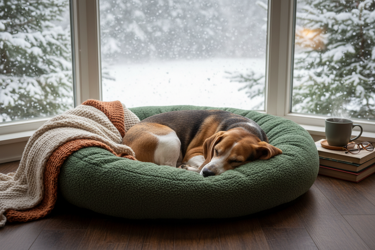 beagle mix hound sleeping in a cozy green dog bed with snow falling in the window behind her