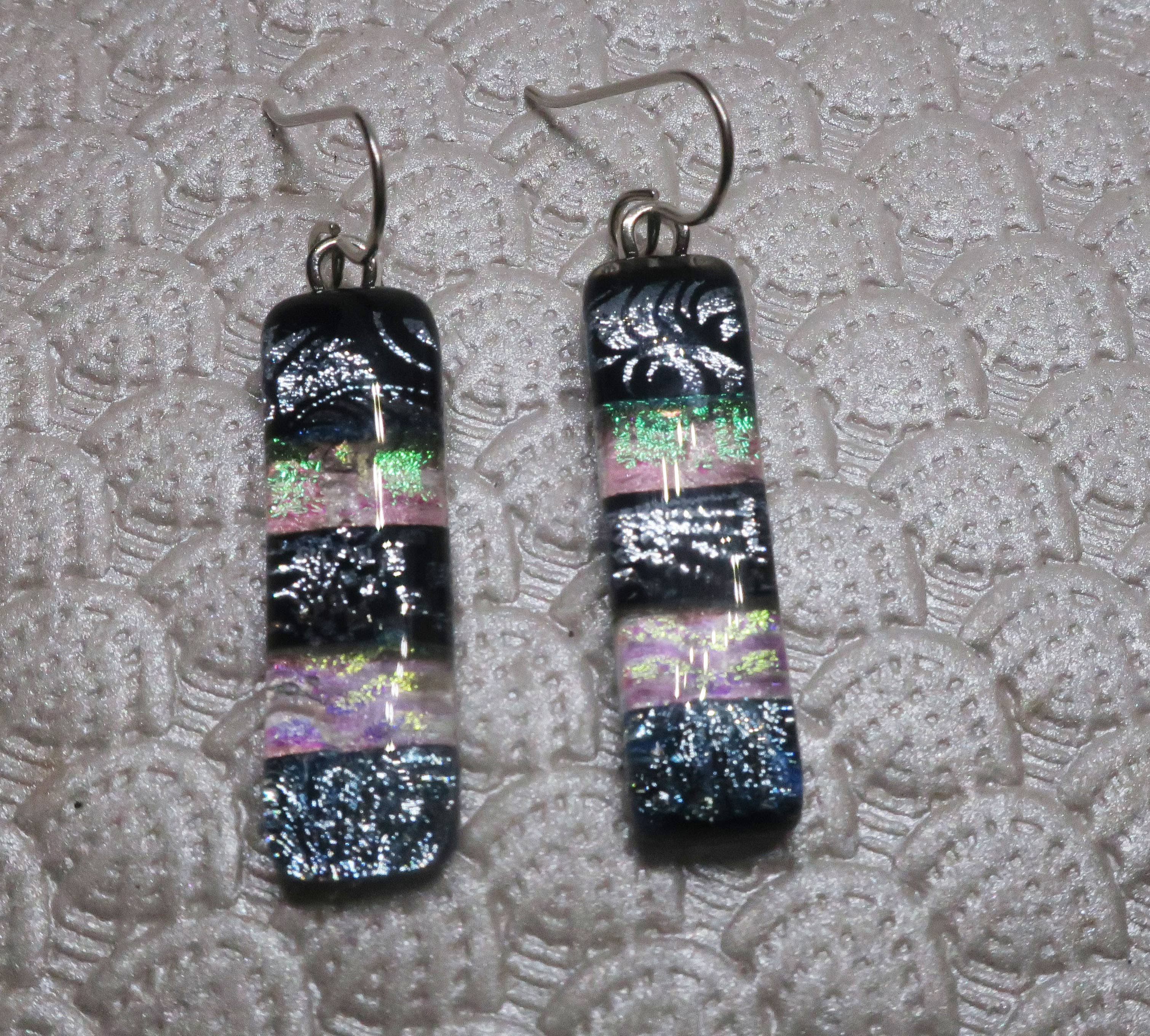 Black & Clear Sterling Silver dichroic glass earrings #442