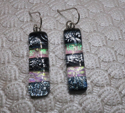 Black & Clear Sterling Silver dichroic glass earrings #442