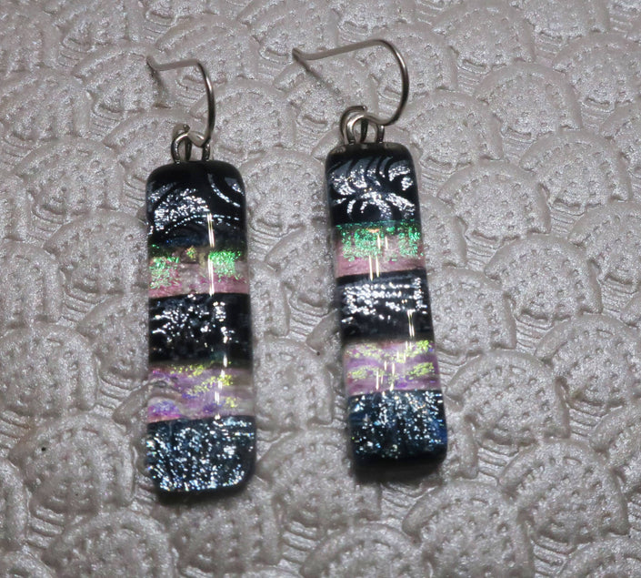 Black & Clear Sterling Silver dichroic glass earrings #442