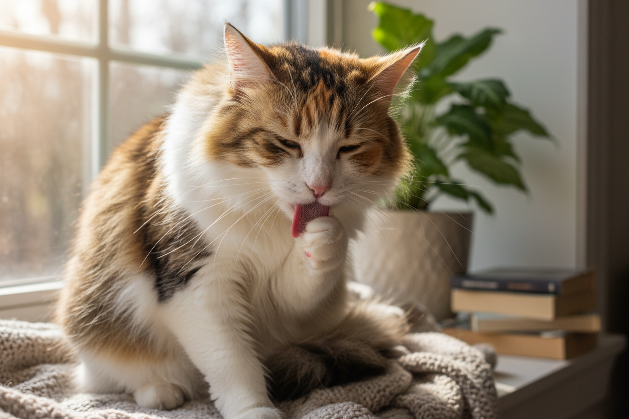 cat grooming herself