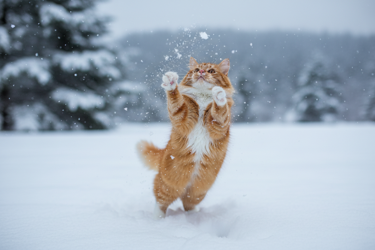 cat playing with snowflakes