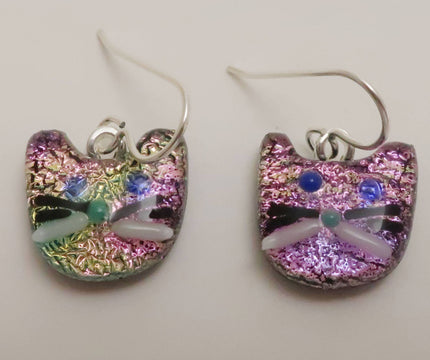 Pink Gold Fused Dichroic Glass Cat Dangle Sterling Silver
