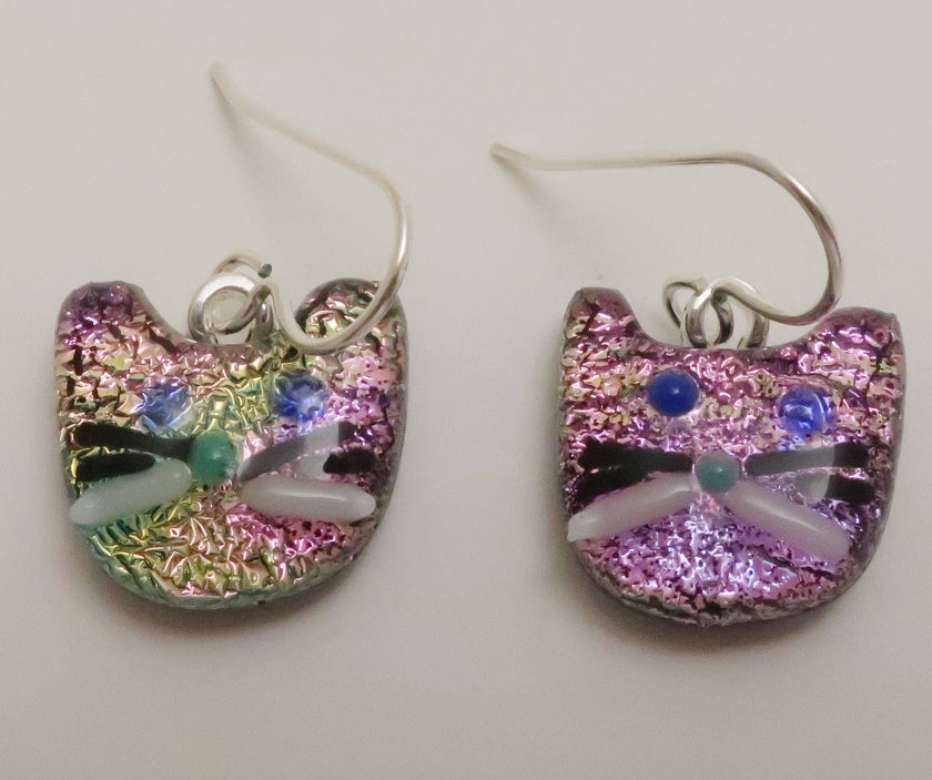 Pink Gold Fused Dichroic Glass Cat Dangle Sterling Silver