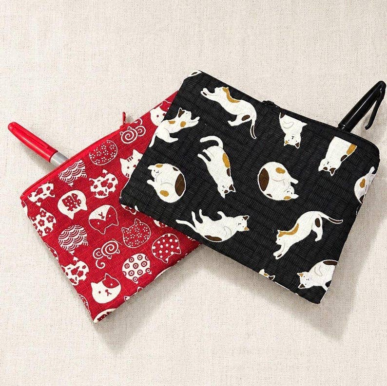 Black or Red Cat Zipper Pouch - Pencil Case, Make Up Bag, Cosmetic case