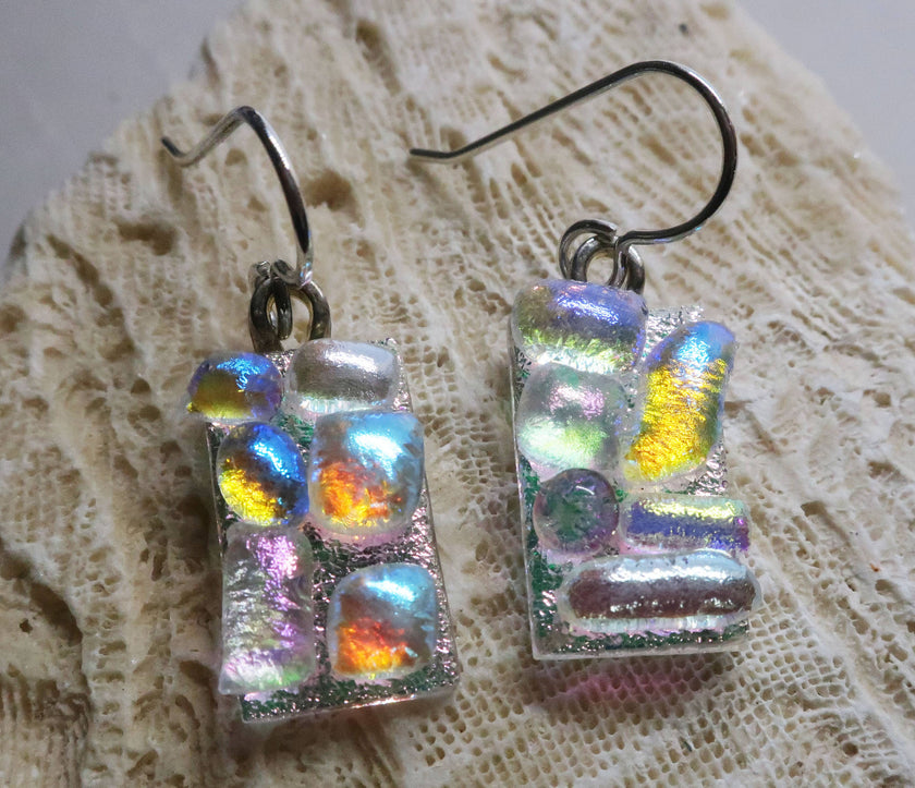 Sterling Silver bubble texture dichroic glass earrings #436