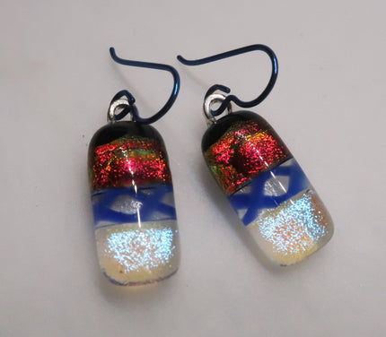 Modern Red Silver Blue Niobium dichroic glass earrings #443