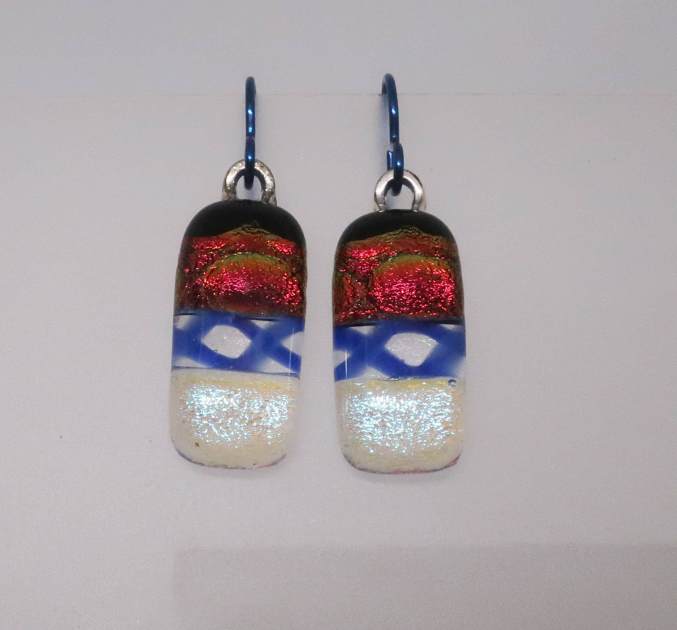 Modern Red Silver Blue Niobium dichroic glass earrings #443