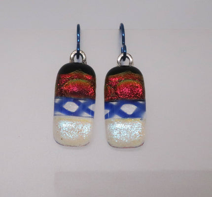 Modern Red Silver Blue Niobium dichroic glass earrings #443