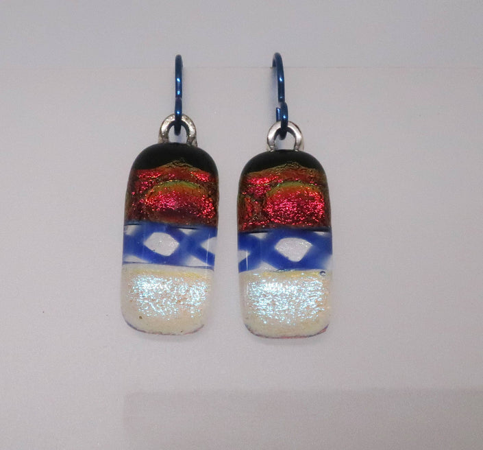 Modern Red Silver Blue Niobium dichroic glass earrings #443