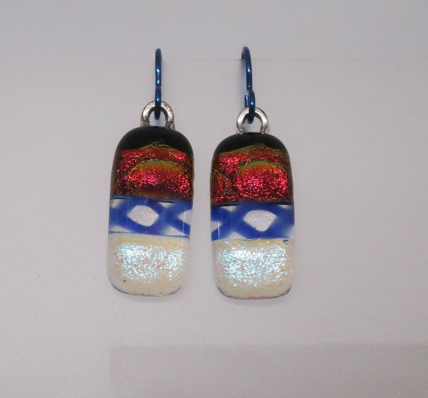 Modern Red Silver Blue Niobium dichroic glass earrings #443