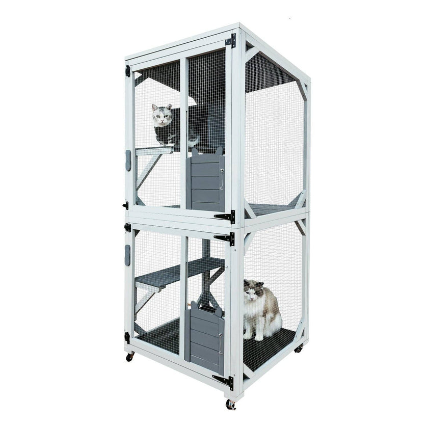 71in Outdoor Wooden Catio with Roof and Wheels for Cats