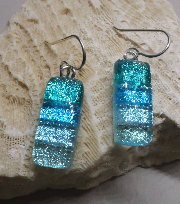 Sterling Silver dichroic glass Light Aqua Blue earrings #429