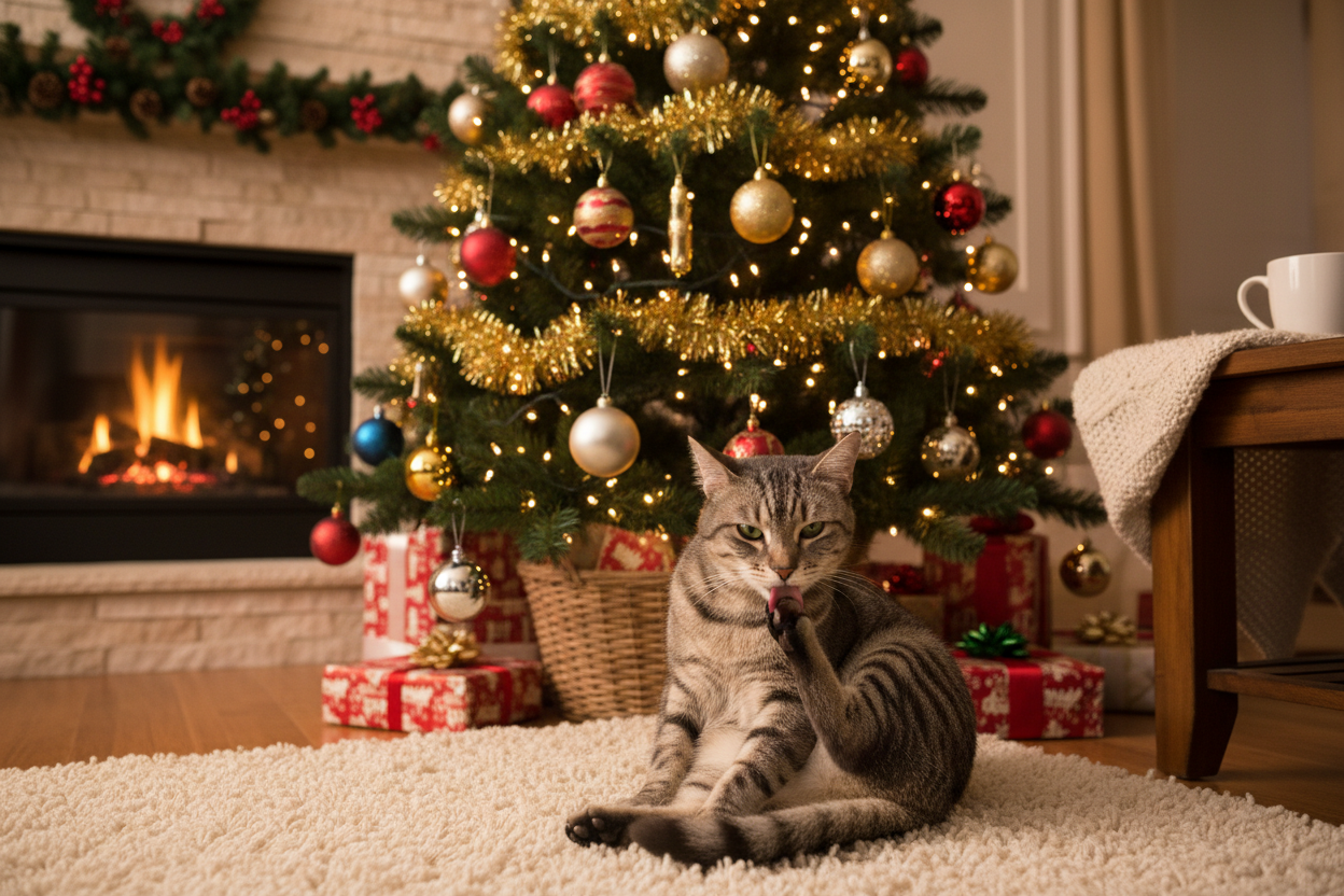 grey cat grooming herself by christmas tree