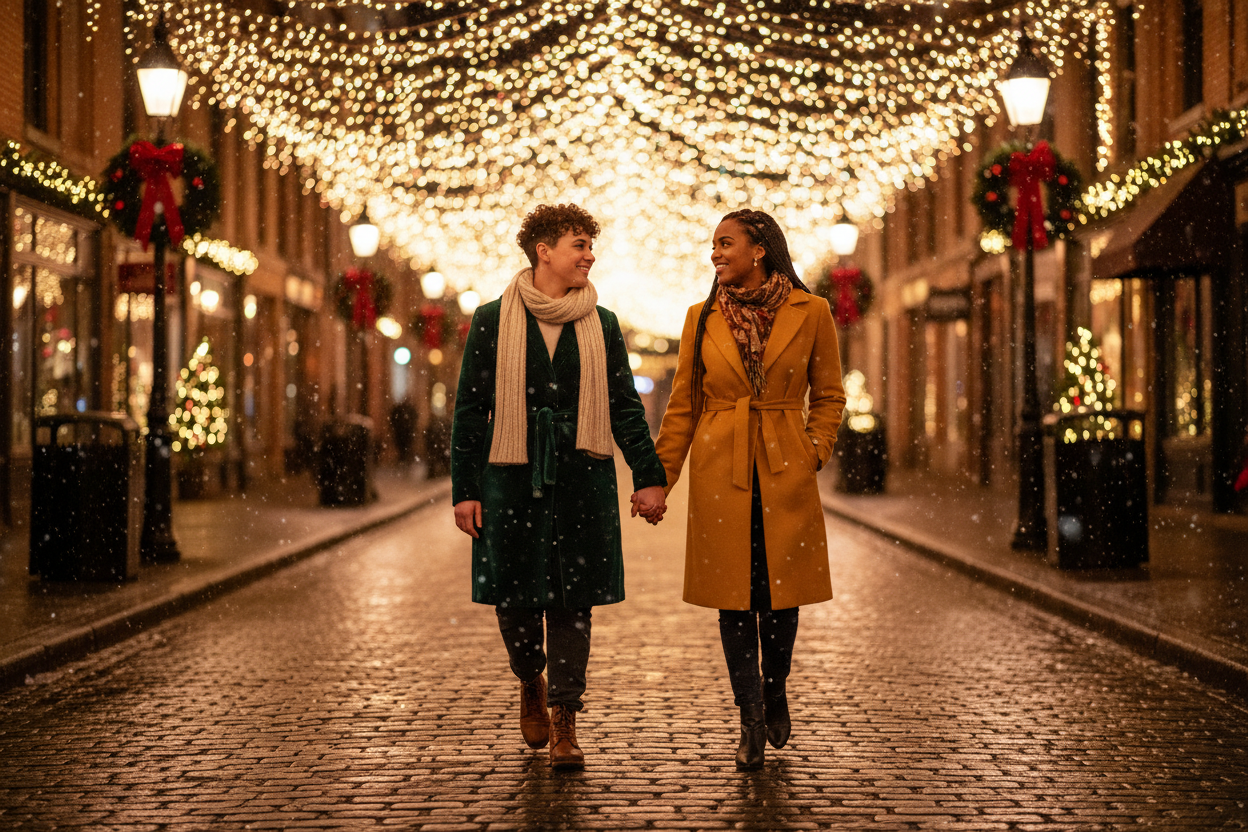 nonbinary person walking under holiday lights with person of color in love